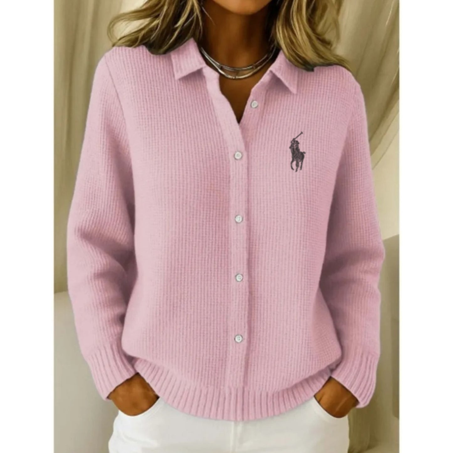 RL - Cardigan Classico a Maglia con Colletto Elegante